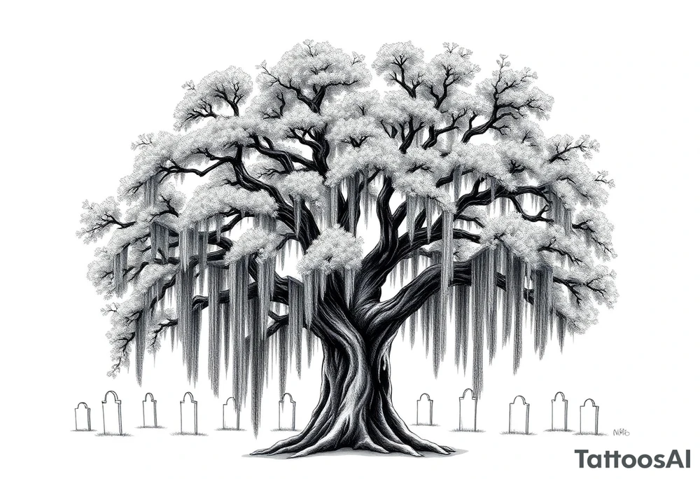 Laurel oak covered in Spanish moss in a cemetery tattoo idea