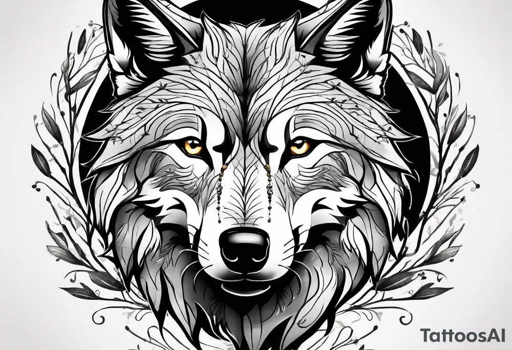 Wolf drawn with olive tree branches and leaves tattoo idea