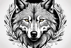 Wolf drawn with olive tree branches and leaves tattoo idea
