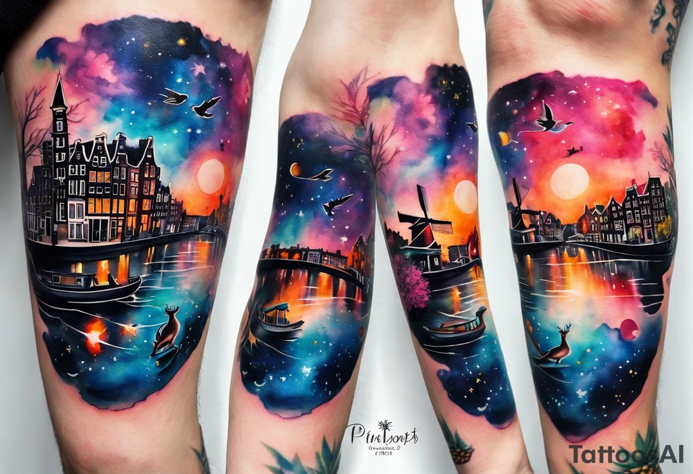 Watercolour arm tattoo of stag deer and birds in Amsterdam canal featuring Amsterdam houses in space and galaxies featuring pineapples and galaxy colours tattoo idea
