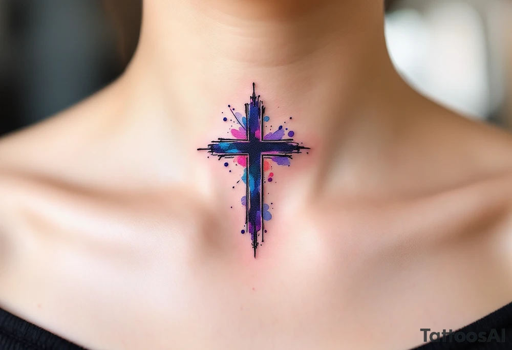 Abstract Watercolor Cross – A small black cross outlined in watercolor splashes of purple, blue, and pink, fading gently into the skin in the upper part of a neck, for a vibrant, artistic look. tattoo idea