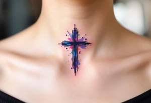 Abstract Watercolor Cross – A small black cross outlined in watercolor splashes of purple, blue, and pink, fading gently into the skin in the upper part of a neck, for a vibrant, artistic look. tattoo idea