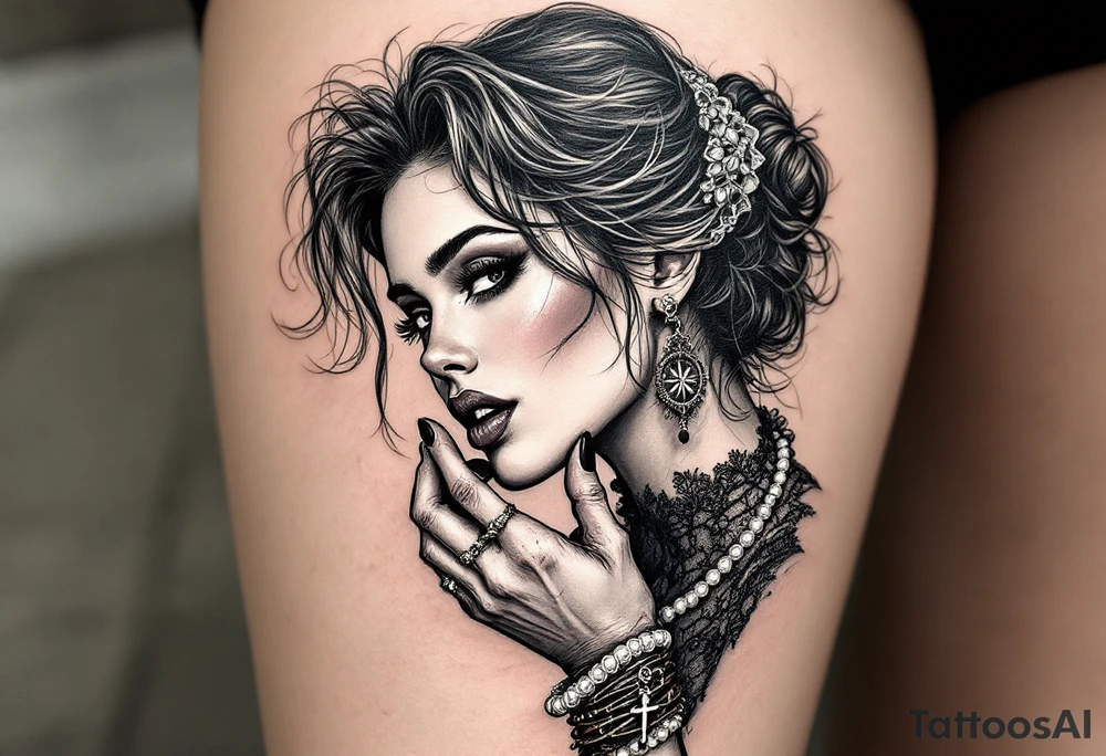 Profile of sexy woman with messy hair 
,resting chin on fist 
, mouth open  , lace, lipstick,  pearls 
compass and gun hand with rosary wrapped around hand tattoo idea