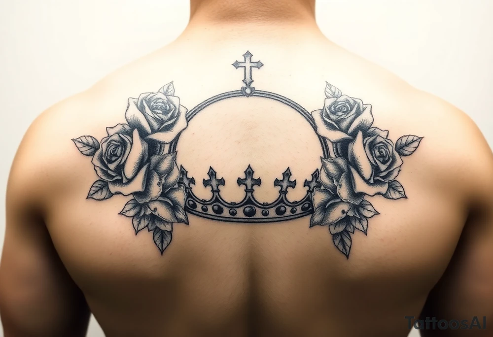 Roses around Christian crown tattoo idea