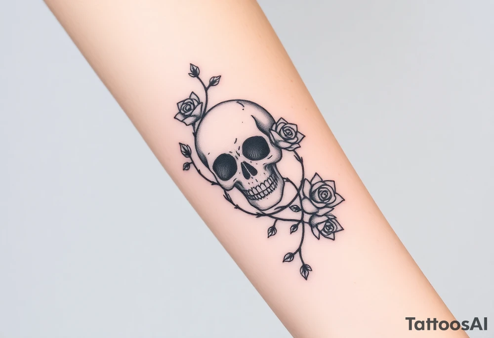 gothic skull intertwined with climbing roses and thorny vines tattoo idea