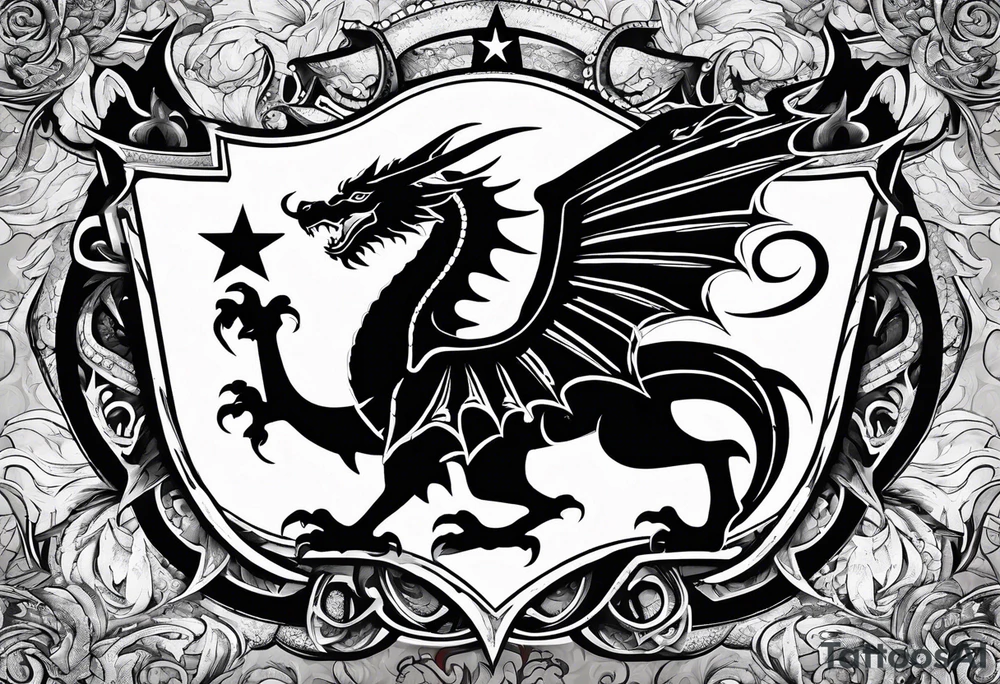 Welsh dragon holding a texas star as a shield tattoo idea