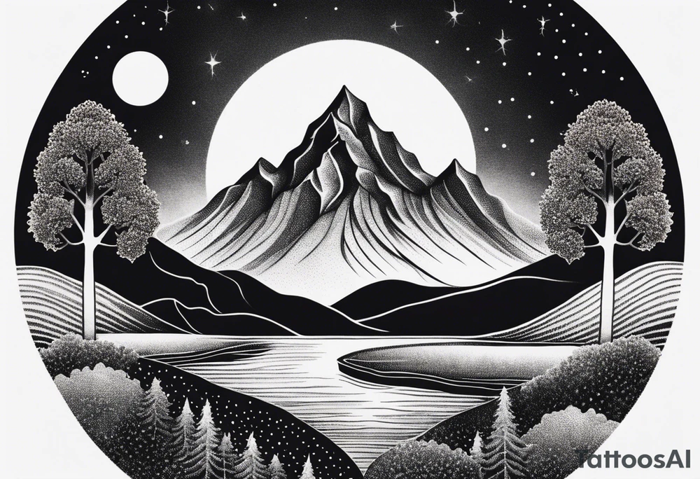 Design a symmetrical tattoo featuring a serene mountain landscape with a winding river and delicate trees, creating a balanced and harmonious composition tattoo idea
