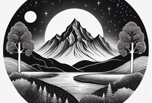 Design a symmetrical tattoo featuring a serene mountain landscape with a winding river and delicate trees, creating a balanced and harmonious composition tattoo idea