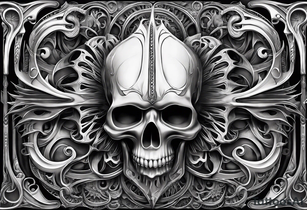 H.R. Giger mean skulls, water flow shapes, geometric shapes, flowers tattoo idea