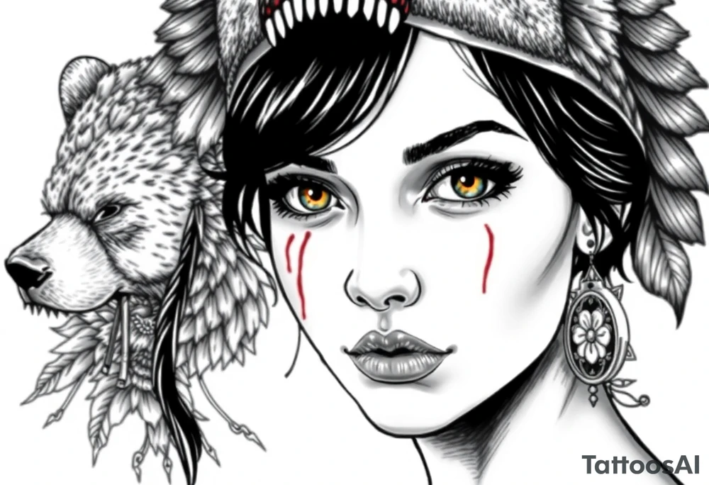 Young Symmetrical Beautiful Woman, looking forward, with colored eyes, shedding a tear, with battle scars and blood on face, with soft look, wearing a mean looking bear headdress on head, with dead flower background tattoo idea