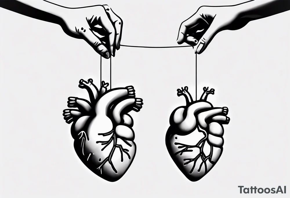 Woman's hand holding balloons tied to string, balloons in shape of anatomical heart and an anatomical brain tattoo idea