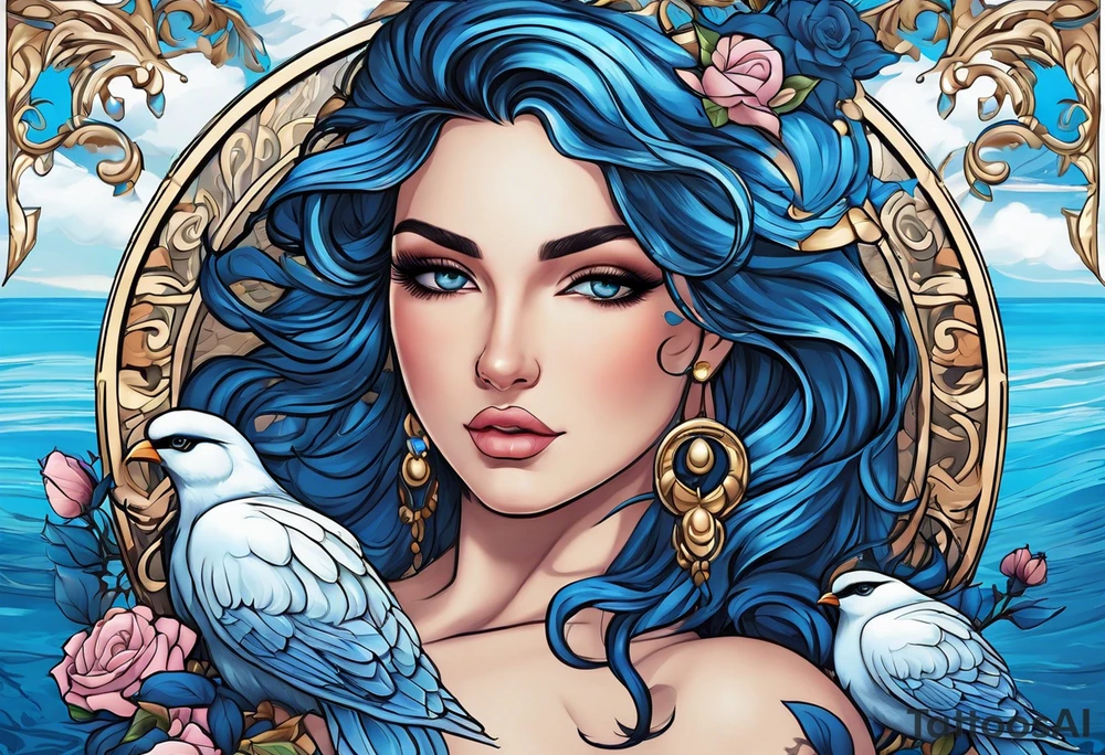 Aphrodite is the goddess of love, with a seaside background, surrounded by birds.. blue roses frames, background blue,present it in a tattoo, black hair, love motives tattoo idea