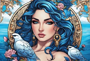 Aphrodite is the goddess of love, with a seaside background, surrounded by birds.. blue roses frames, background blue,present it in a tattoo, black hair, love motives tattoo idea