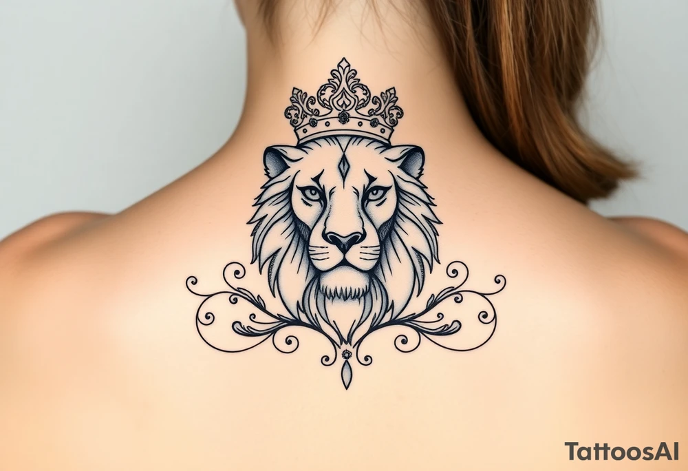 majestic lion wearing ornate crown, surrounded by baroque flourishes tattoo idea