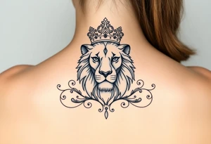 majestic lion wearing ornate crown, surrounded by baroque flourishes tattoo idea
