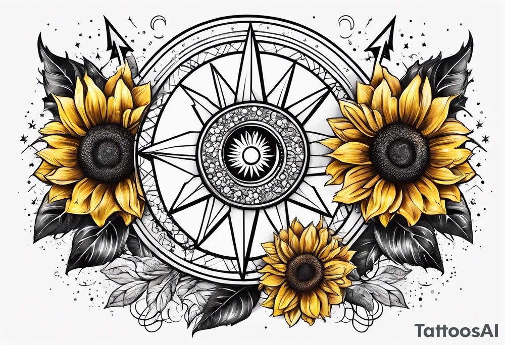 elegant tattoo design with sunflower surrounded by circle of little stars and arrow tattoo idea