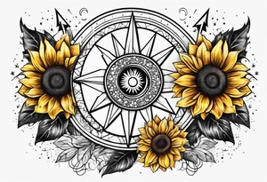 elegant tattoo design with sunflower surrounded by circle of little stars and arrow tattoo idea