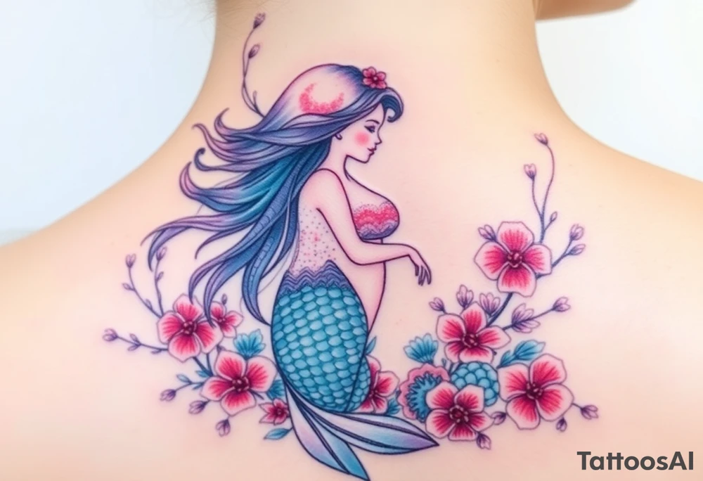 ethereal mermaid with flowing hair among coral and sea flowers tattoo idea