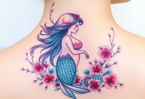 ethereal mermaid with flowing hair among coral and sea flowers tattoo idea