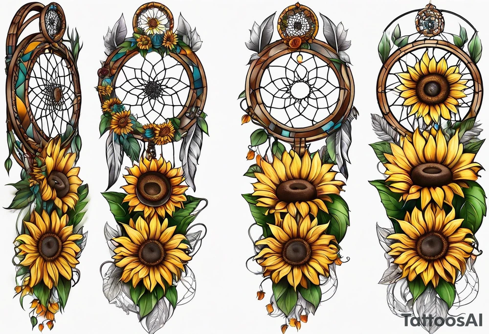 Dreamcatcher and sunflowers forearm sleeve tattoo idea