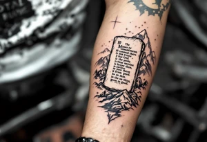 Moses holds the 10 commandments on a stone tablet on the mountains and receives them from god tattoo idea