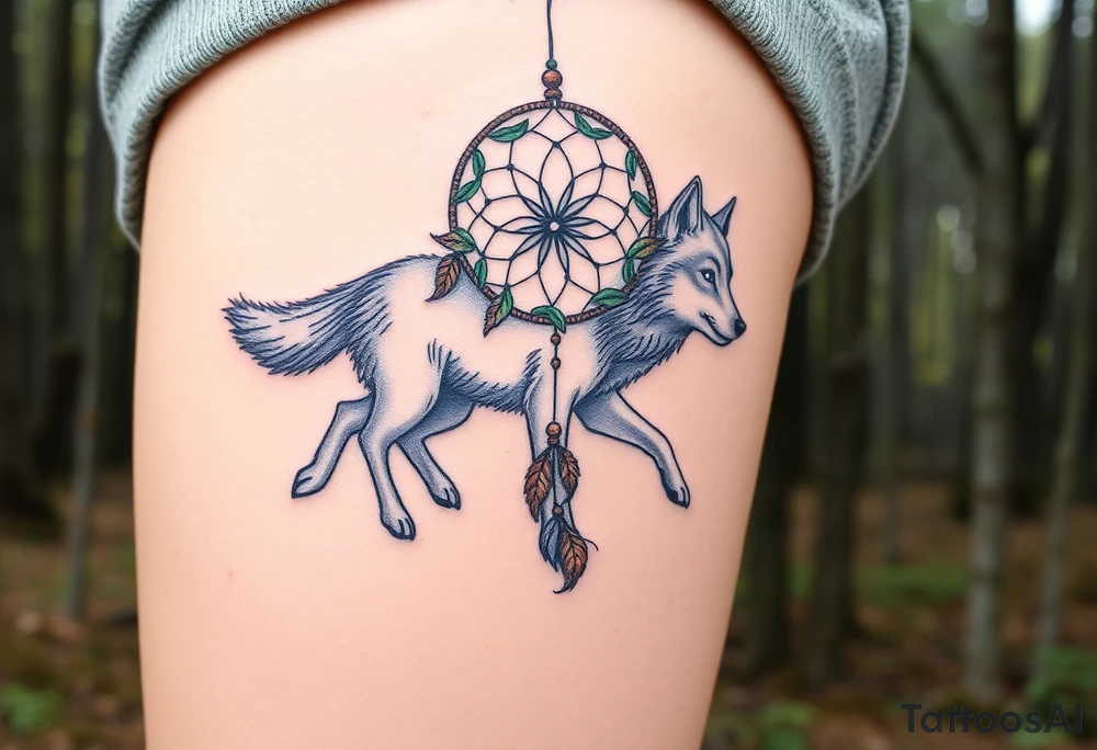 A wolf running through the woods, with dreamcatcher rings woven into the landscape. The wolf’s fur is shaded in shades of gray and white, while the dreamcatcher is adorned with green leaves and earthy brown tones tattoo idea