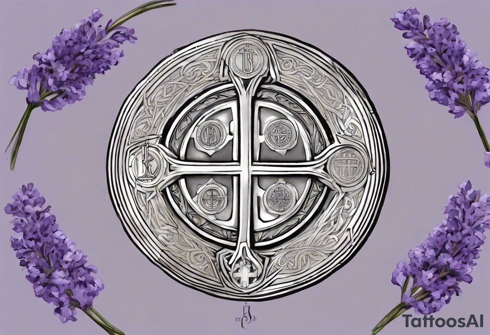 I'm seeking a custom tattoo design featuring a faithful and precise representation of the Saint Benedict medal, surrounded by delicately intertwined lavender flowers to create a harmonious and aesthetically pleasing composition. The focus should be on maintaining the authenticity of the Saint Benedict medal, while incorporating the serene beauty of lavender blooms around it. Additionally, the design should be in black and white to ensure a classic and timeless aesthetic. The goal is to achieve a balance that captures the symbolic essence of the medal within a visually appealing and monochromatic tattoo. tattoo idea
