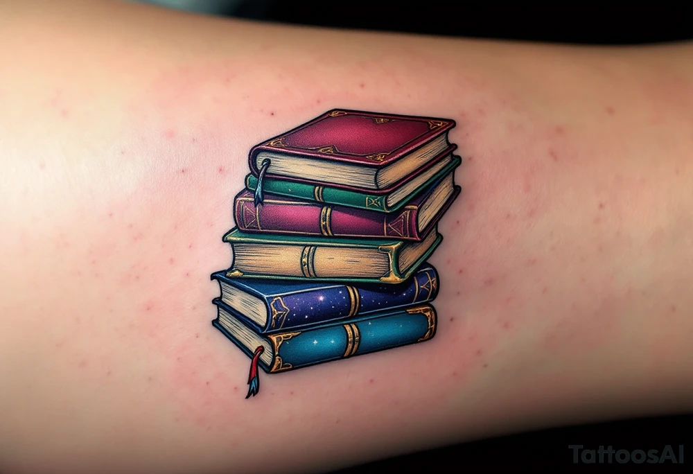 Stack of Classic Novels – A realistic tattoo of a stacked pile of books with vintage worn covers in rich burgundy, deep green, and faded navy, symbolizing a love for timeless literature.

Galaxy Within the Pages – An open book with cosmic blues, purples, and silver tattoo idea