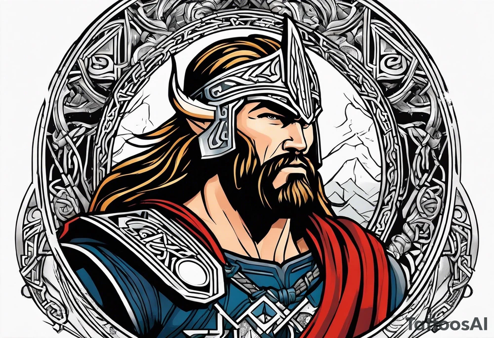 Thor with viking runes in the background as a vignette tattoo idea