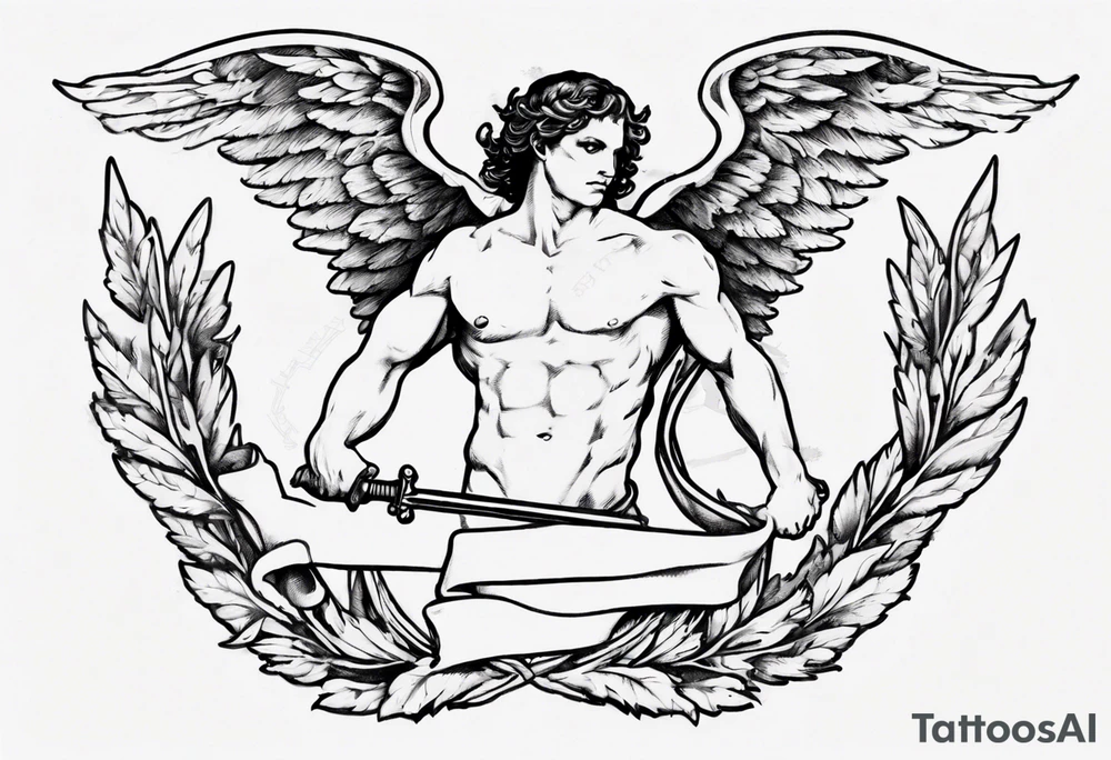 number 13, a laurel leaf wreath, and a Male angel holding sword tattoo idea
