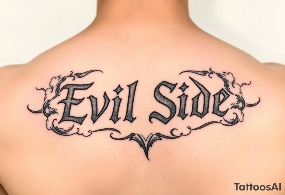 powerful bold saying Evil Side black and white with shading and clouds around it tattoo idea