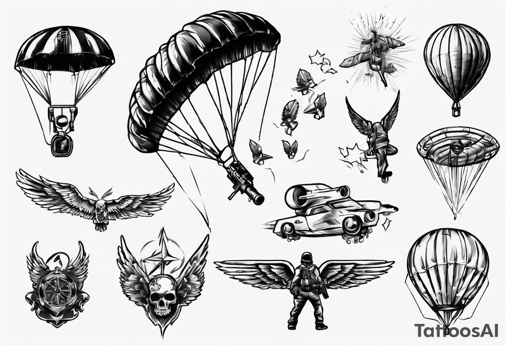man parachute and shooting guns tattoo idea