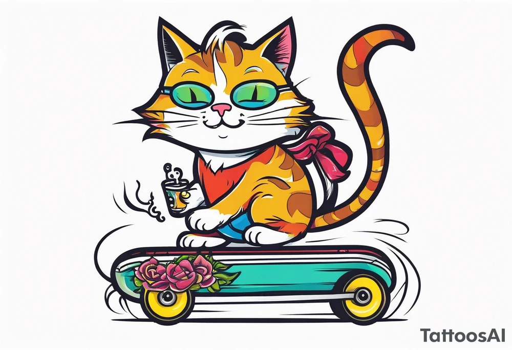 Cat smoking joint while riding marlboro skateboard tattoo idea