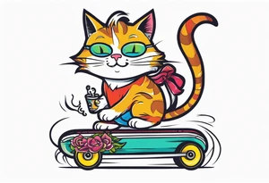 Cat smoking joint while riding marlboro skateboard tattoo idea