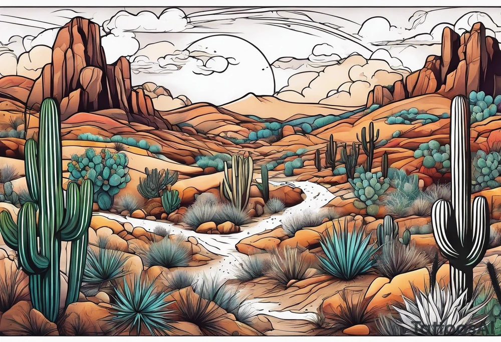 A dessert scenery with a cactus and tumble weeds tattoo idea