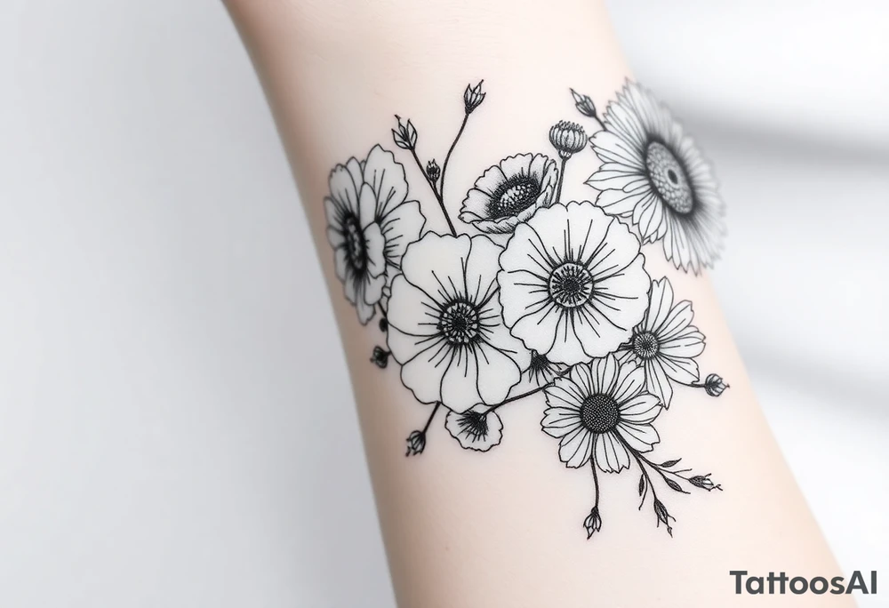 Bouquet of carnation, honeysuckle, poppy, aster and cosmos tattoo idea