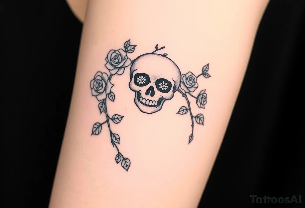 gothic skull intertwined with climbing roses and thorny vines tattoo idea