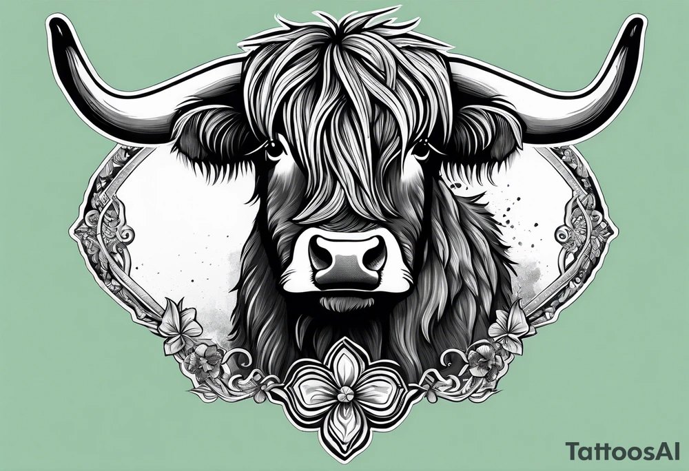 A highland cow that has a bandana with a shamrock around its neck is riding Nessie tattoo idea
