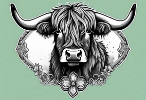 A highland cow that has a bandana with a shamrock around its neck is riding Nessie tattoo idea