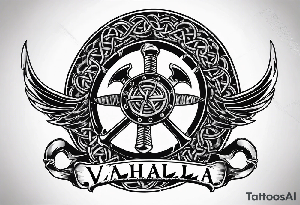 Valhalla round shield axe barbed wire chains tattoo idea