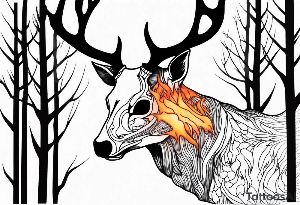 side profile of a DECAYING deer skull JUST BONE supernatural cannibal surrounded by a flames and trees tattoo idea