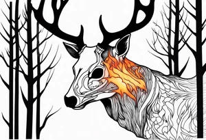 side profile of a DECAYING deer skull JUST BONE supernatural cannibal surrounded by a flames and trees tattoo idea