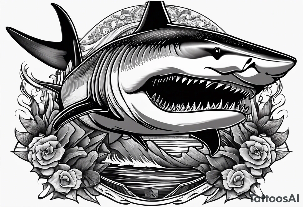 megalodon ni text vertically with the shark and the water wrapping around the text tattoo idea