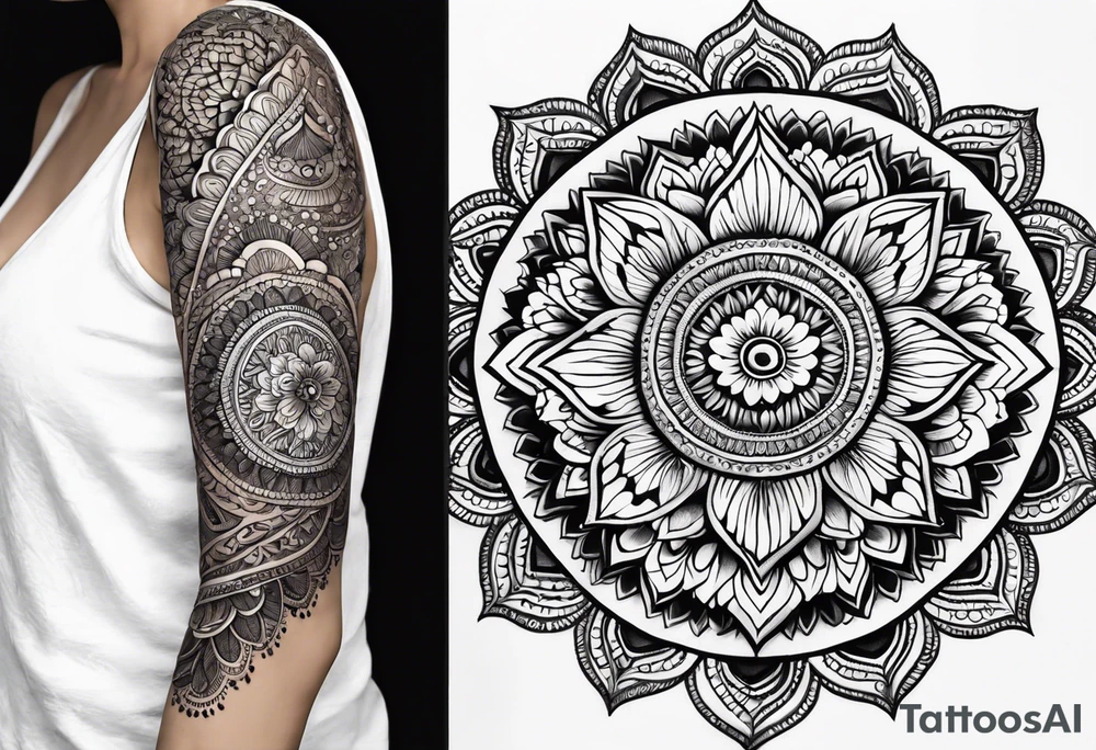 Full arm mandala henna female tattoo design with mushroom henna at shoulder tattoo idea