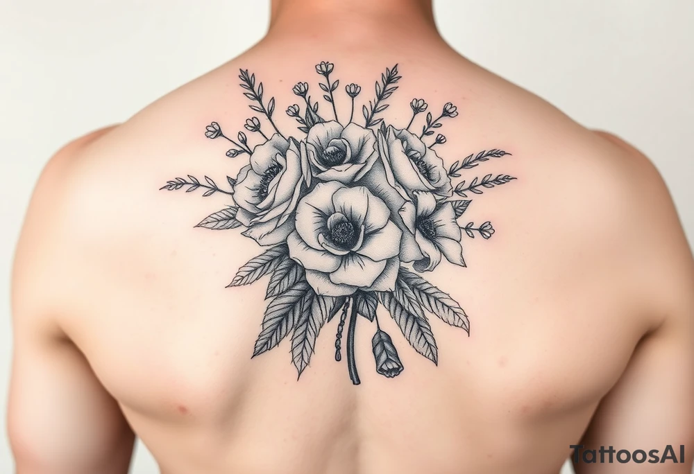 vintage bouquet of wild roses and meadow flowers with morning dew tattoo idea
