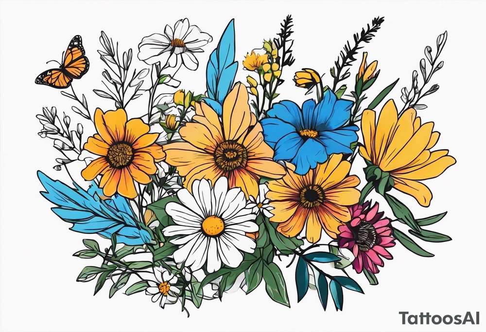 saturated mixed wildflower bouquet detailed with color tattoo idea