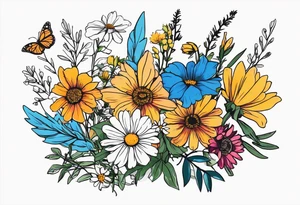 saturated mixed wildflower bouquet detailed with color tattoo idea