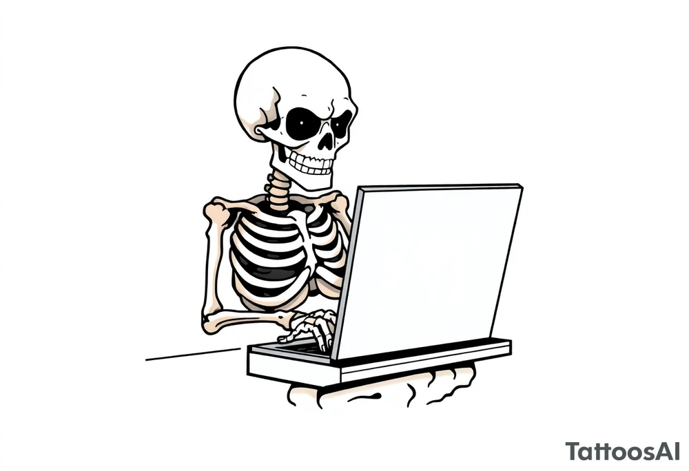 skeleton working at a desk with a laptop tattoo idea