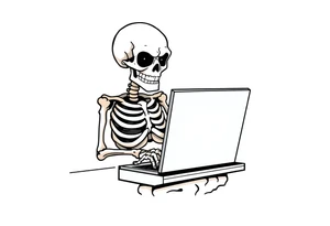 skeleton working at a desk with a laptop tattoo idea