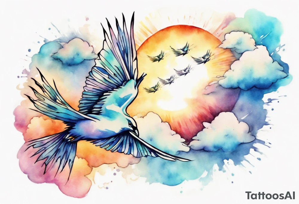a shoulder tattoo with lots of rays of light in gradient starting from the middle
, clouds and birds flying free tattoo idea